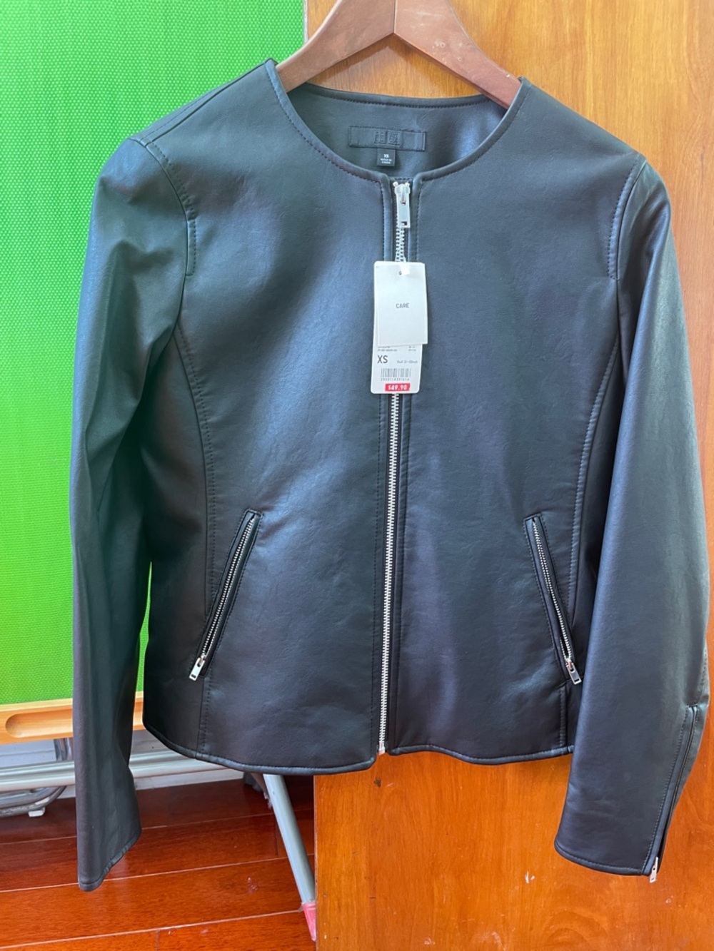 Uniqlo Black Faux Leather Round-Neck Zip Front Jacket